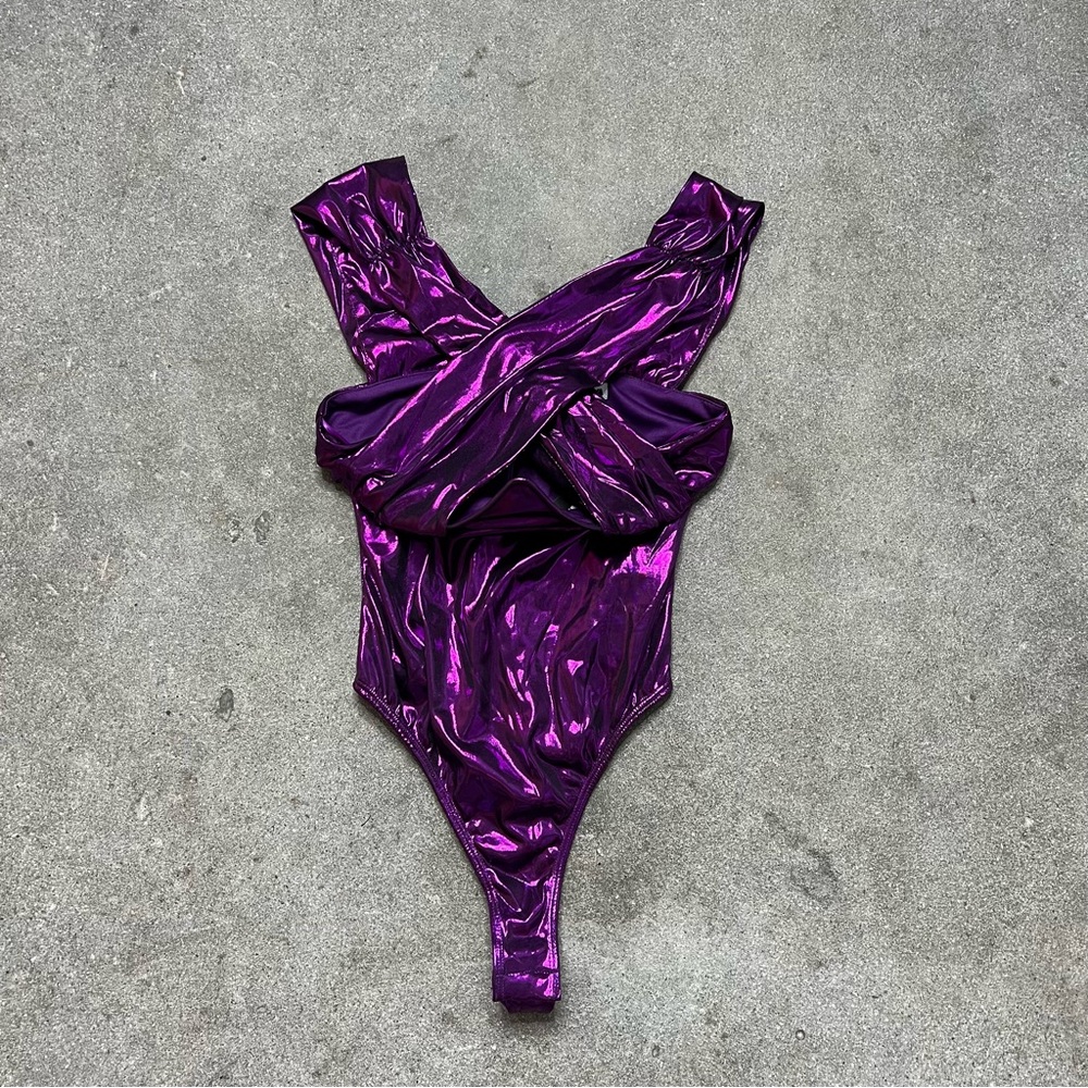Fashion Nova Purple Metallic cross-wrap bodysuit 💜✨